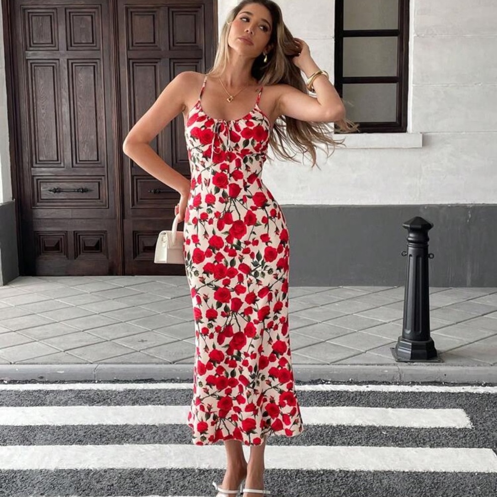 Pariaura Women's Elegant Floral Rose Print Sleeveless Dress, Summer - Picture 4 of 5
